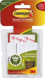 COMMAND Command 17043 Picture Hanger, 5 lb, Plastic, White, Adhesive Strip, 3 in L x 1 in W x 1/4 in H, 4/PK