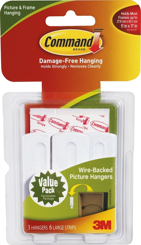 COMMAND Command 17043 Picture Hanger, 5 lb, Plastic, White, Adhesive Strip, 3 in L x 1 in W x 1/4 in H, 4/PK