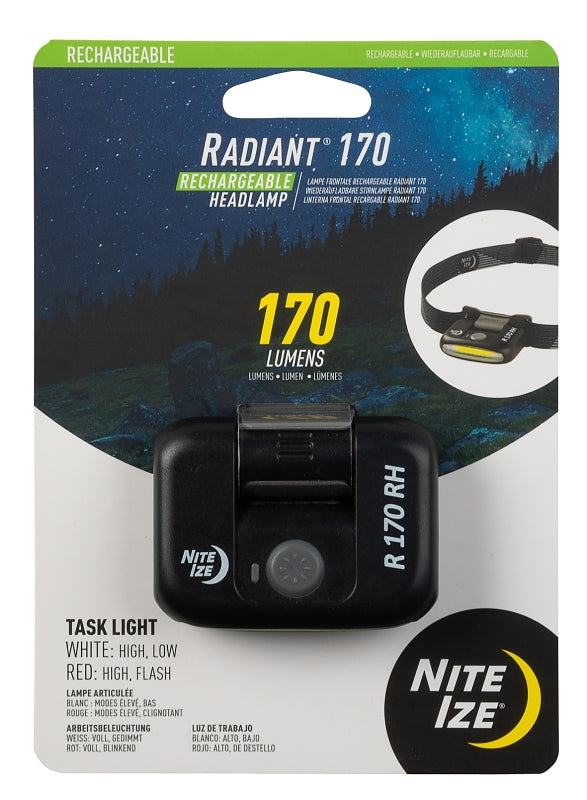 NITE IZE Nite Ize Radiant R170RH-01-R7 Rechargeable Headlamp, Lithium-Ion Battery, LED Lamp, 170 Lumens, 2 hr Run Time, Black ELECTRICAL NITE IZE