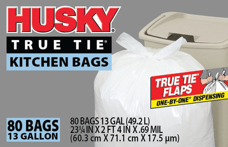 POLY-AMERICA Husky HK13WC080W Kitchen Trash Bag, 13 gal, White, Poly, 0.69 mil THK