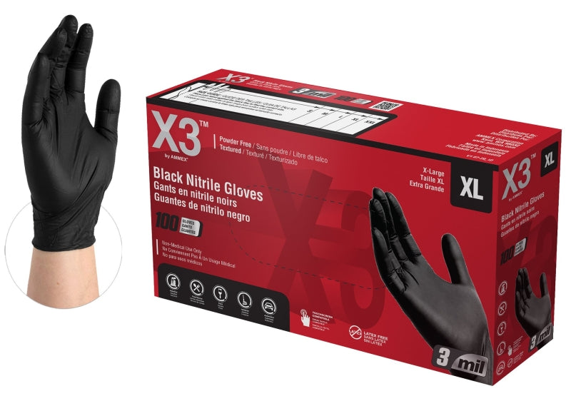 AMMEX Ammex BX348100 Disposable Gloves, XL, Nitrile, Powder-Free, Black, 9-1/2 in L CLOTHING, FOOTWEAR & SAFETY GEAR AMMEX