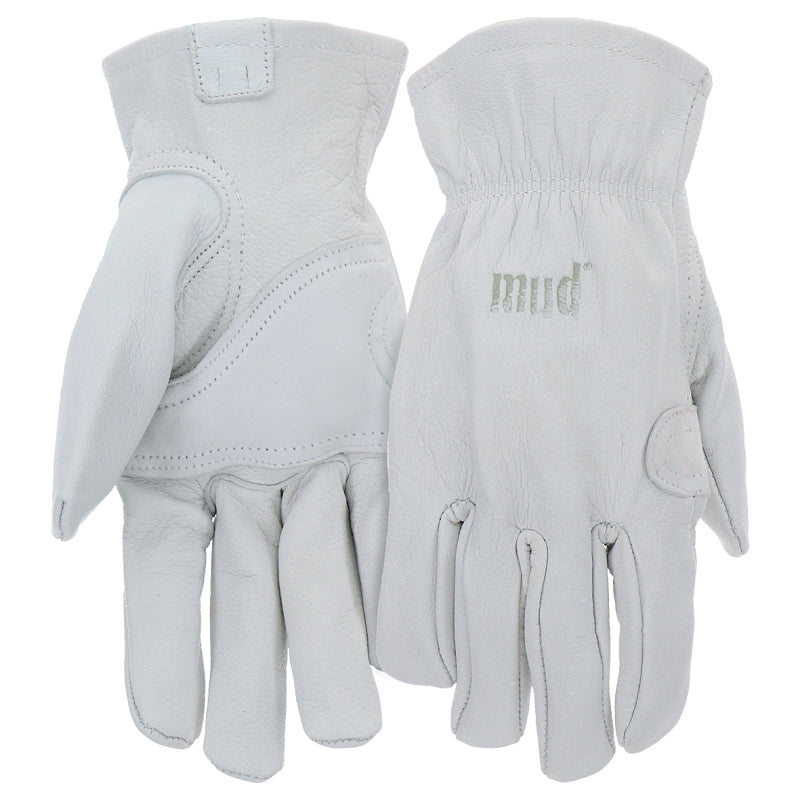 MUD Mud MD82001-WML Gloves, Women's, M/L, Keystone Thumb, Open, Shirred Elastic Wrist Cuff, Goatskin Leather, White
