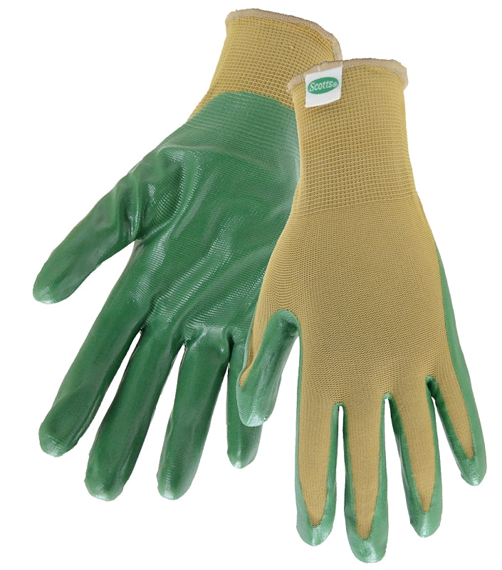 SCOTTS Scotts SC37121/L3P Coated Gloves, L, Knit Wrist, Seamless Cuff, Nitrile Coating, Beige/Green