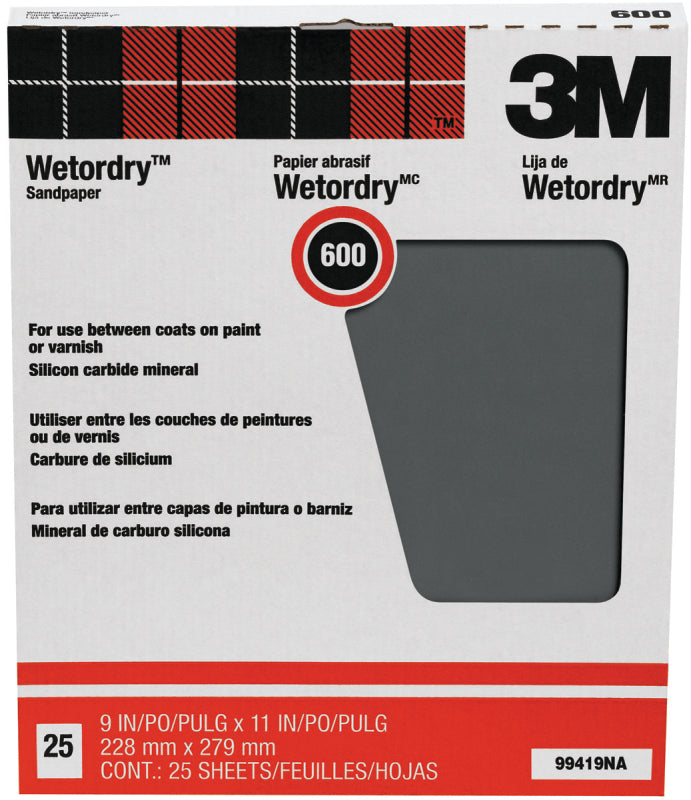 3M 3M Wetordry 99419NA Sandpaper, 11 in L, 9 in W, Super Fine, 600 Grit, Silicon Carbide Abrasive, Paper Backing PAINT 3M