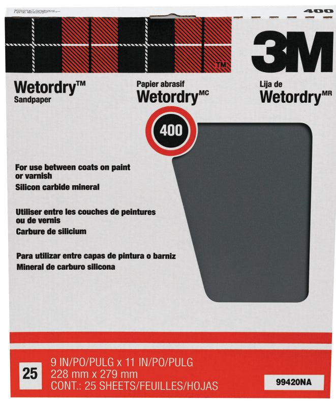 3M 3M Wetordry 99420NA Sandpaper, 11 in L, 9 in W, Fine, 400 Grit, Silicon Carbide Abrasive, Paper Backing PAINT 3M