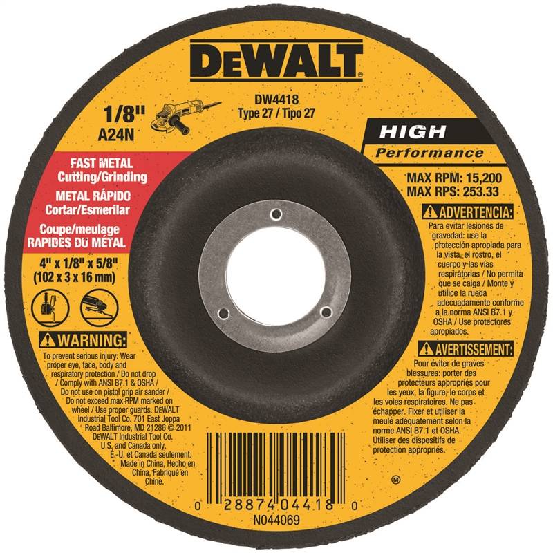 DEWALT DEWALT DW4418 Grinding Wheel, Applicable Materials: Metal, 4 in Dia, 1/8 in Thick, 5/8 in Arbor, 24 Grit, Very Coarse TOOLS DEWALT
