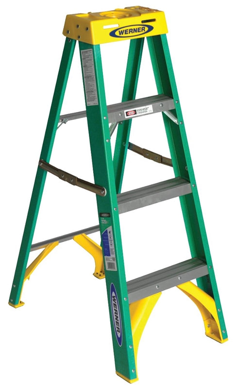 WERNER WERNER 5904 Step Ladder, 8 ft Max Reach H, 3-Step, 225 lb, Type II Duty Rating, 3 in D Step, Fiberglass, Yellow PAINT WERNER   