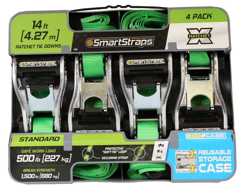 SMARTSTRAP SmartStrap 345 Tie-Down, 1 in W, 14 ft L, Polyester, Green, 500 lb, S-Hook End Fitting, Steel End Fitting AUTOMOTIVE SMARTSTRAP