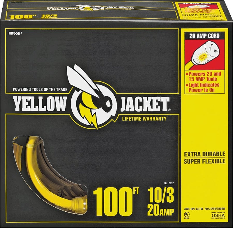 YELLOW JACKET CCI 2992 Extension Cord, 10 AWG Cable, 100 ft L, 20 A, 125 V, Yellow ELECTRICAL YELLOW JACKET   