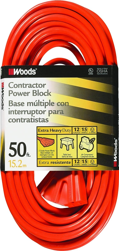 WOODS CCI 0819 Extension Cord, 12 AWG Cable, 50 ft L, 15 A, 125 V, Orange ELECTRICAL WOODS   