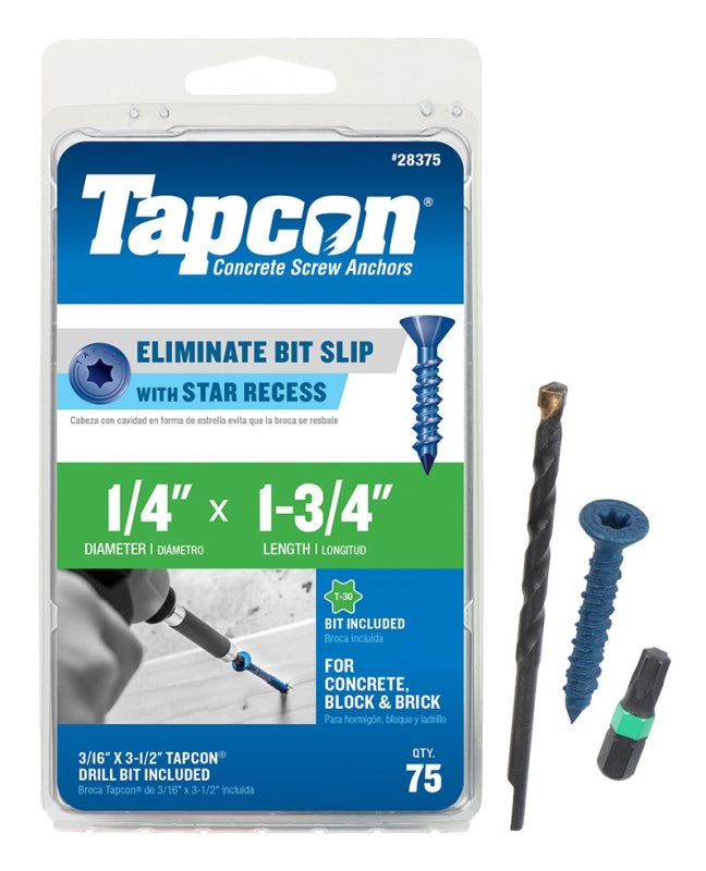 TAPCON Tapcon 28375 Concrete Screw Anchor, T30 Screw, 1/4 in Dia, 1-3/4 in L, Steel, Climaseal, 75/PK HARDWARE & FARM SUPPLIES TAPCON