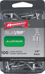 ARROW Arrow RLA1/8IP Pop Rivet, Long, 1/2 in Grip, 1/2 in L, Aluminum, 100/PK