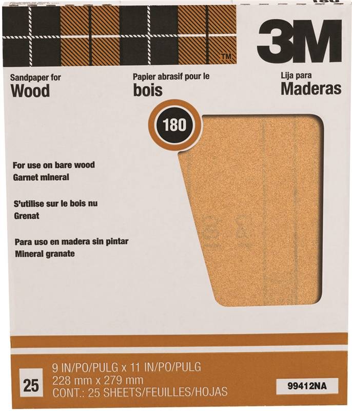 3M 3M 99412NA Sandpaper, 11 in L, 9 in W, Fine, 180 Grit, Garnet Abrasive, Paper Backing PAINT 3M