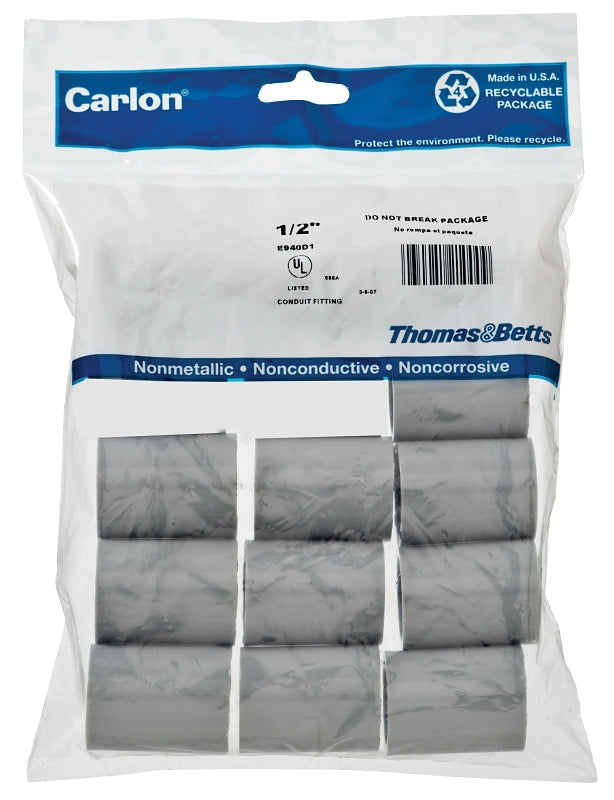 CARLON Carlon E940D10-UPC Conduit Coupling, 1/2 in Socket, 0.728 in ID x 1.109375 in OD Dia, 1-1/2 in L, PVC, Gray ELECTRICAL CARLON