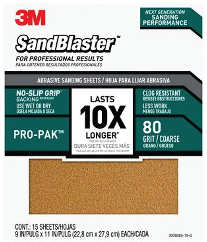 3M 3M SandBlaster Series 30080ES-15-G Sandpaper, 11 in L, 9 in W, 80 Grit, Coarse, Aluminum Oxide Abrasive PAINT 3M