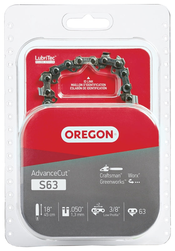 OREGON Oregon AdvanceCut S63 Chainsaw Chain, 18 in L Bar, 0.05 Gauge, 3/8 in TPI/Pitch, 63-Link OUTDOOR LIVING & POWER EQUIPMENT OREGON