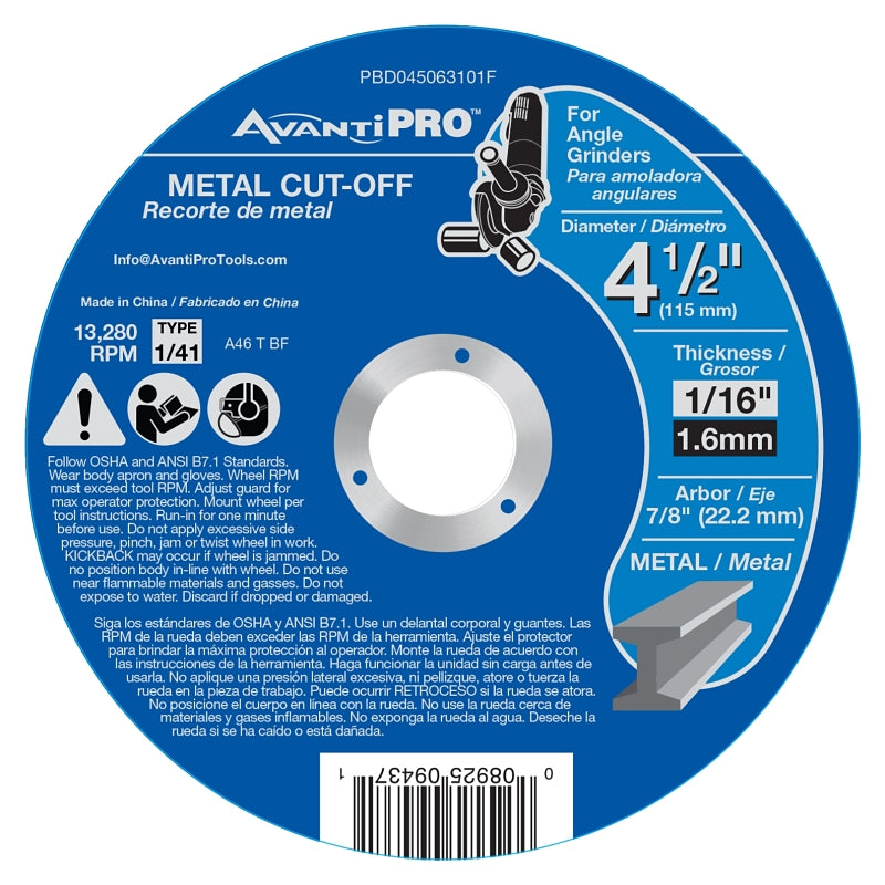 AVANTI PRO Avanti Pro PBD045063101F Cut-Off Disc, 4-1/2 in Dia, 7/8 in Arbor TOOLS AVANTI PRO