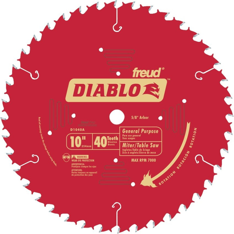DIABLO Diablo D1040A Circular Saw Blade, 10 in Dia, 5/8 in Arbor, 40-Teeth, Carbide Cutting Edge