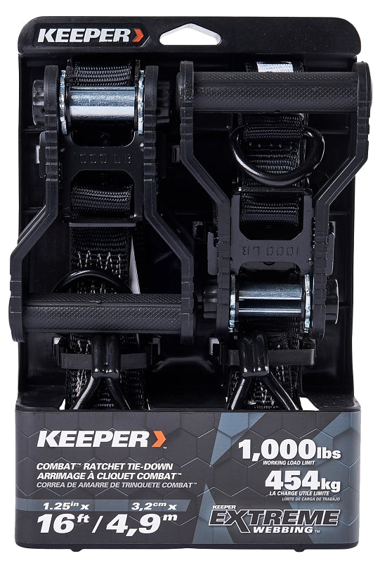 KEEPER Keeper 85450 Tie-Down, 1-1/4 in W, 16 ft L, Black, 1000 lb