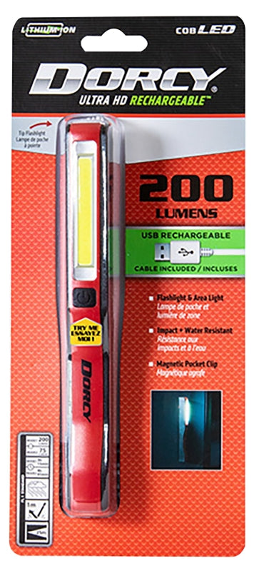 DORCY Dorcy Ultra HD Series 41-4341 Clip Light, Lithium-Ion, Rechargeable Battery, LED Lamp, 200 Lumens Lumens, Black/Red