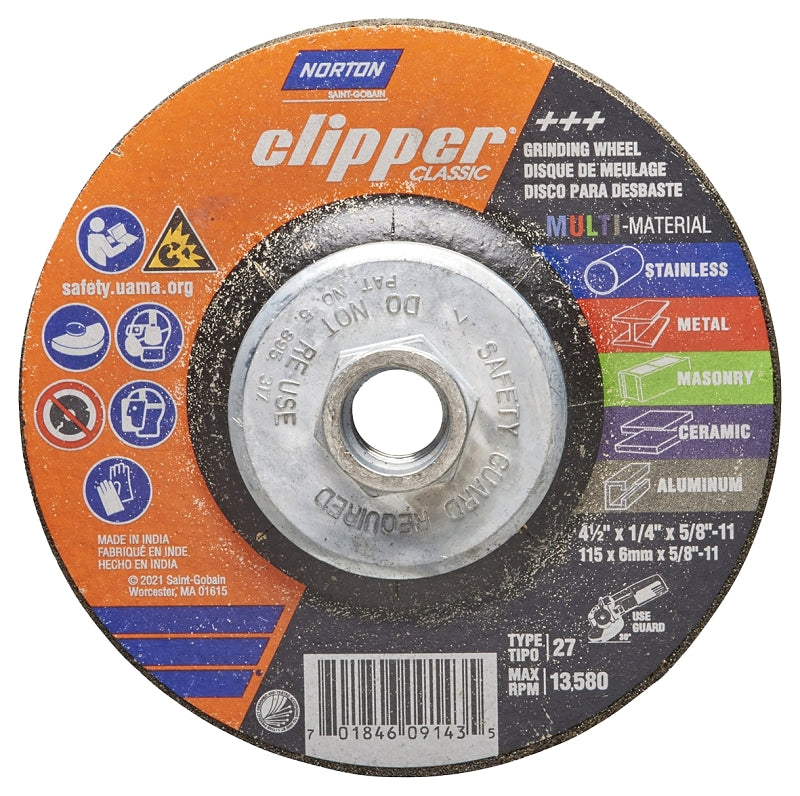 NORTON Norton Clipper Classic AC AO/SC Series 70184609143 Grinding Wheel, 4-1/2 in Dia, 1/4 in Thick, 5/8-11 Arbor TOOLS NORTON