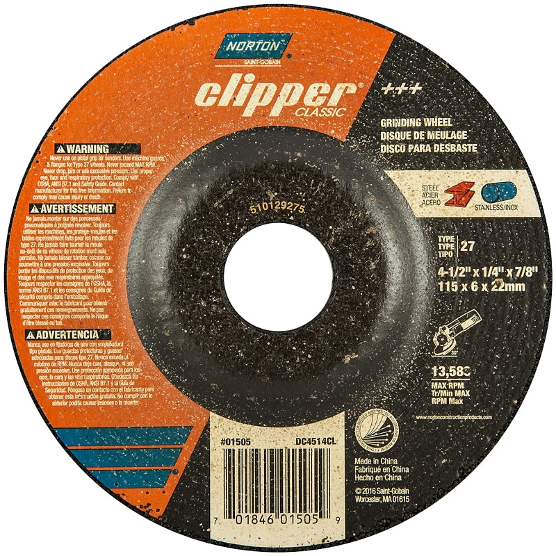 NORTON Norton Clipper Classic A AO Series 70184601505 Grinding Wheel, 4-1/2 in Dia, 1/4 in Thick, 7/8 in Arbor TOOLS NORTON