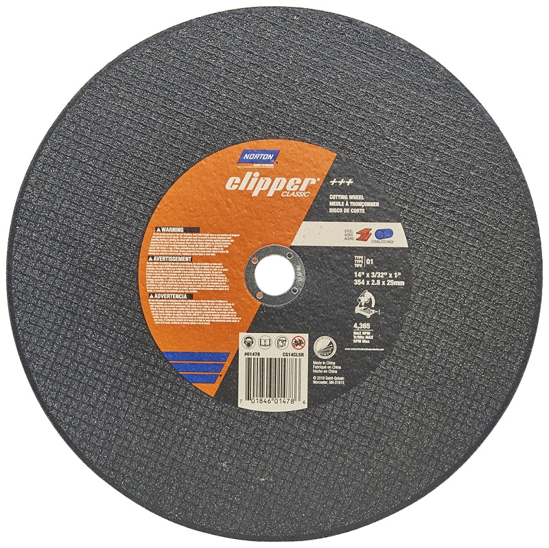 NORTON Norton Clipper Classic A AO Series 70184601478 Cut-Off Wheel, 14 in Dia, 3/32 in Thick, 1 in Arbor, 1/EA TOOLS NORTON
