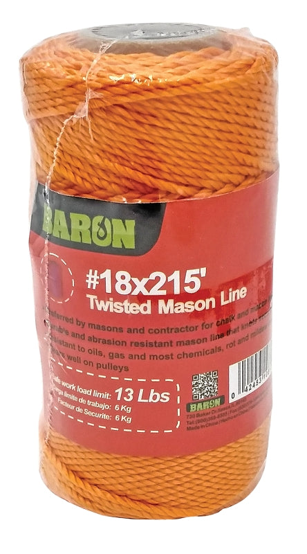 BARON BARON 10812 Twisted Mason Line, #18 Dia, 250 ft L, 13 lb Working Load, Nylon, Orange