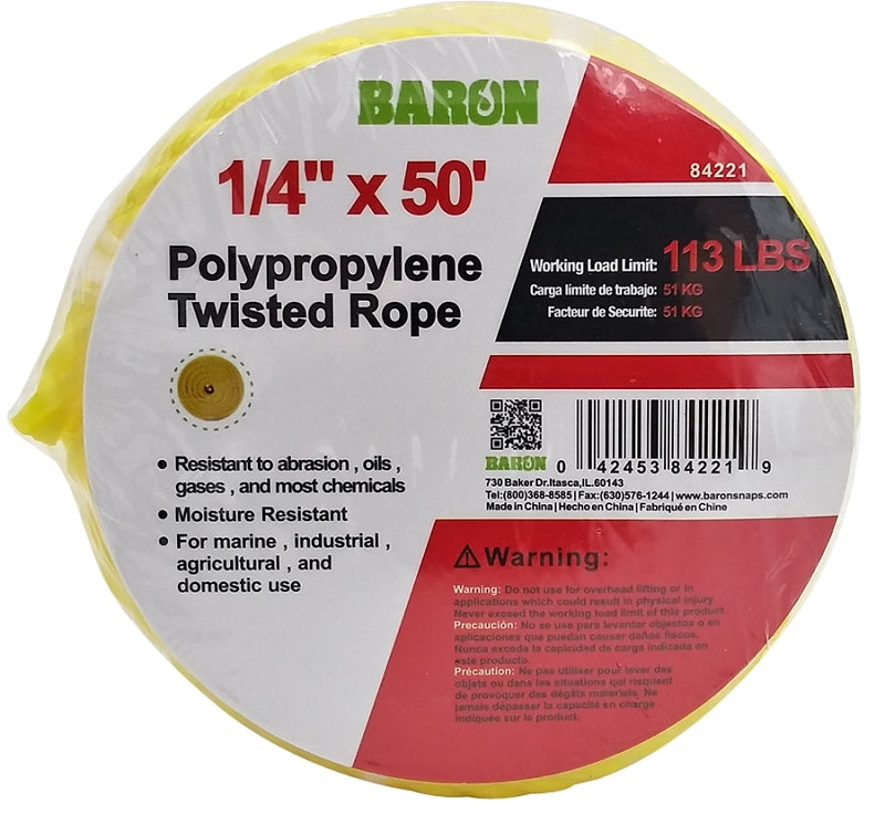 BARON BARON 84221 Rope, 1/4 in Dia, 50 ft L, 113 lb Working Load, Polypropylene, Yellow