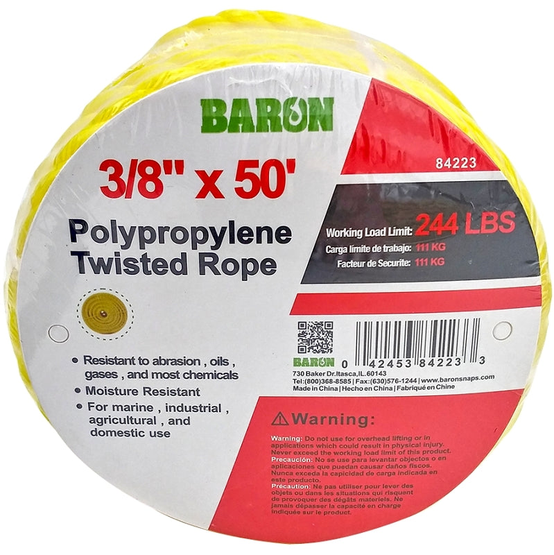 BARON BARON 84223 Rope, 3/8 in Dia, 50 ft L, Polypropylene, Yellow HARDWARE & FARM SUPPLIES BARON   