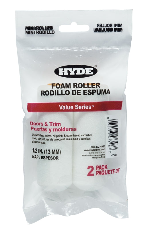 HYDE Hyde Value Series 47348 Mini Roller, 1/2 in Thick Nap, 4 in L, Foam Cover, 2/PK PAINT HYDE