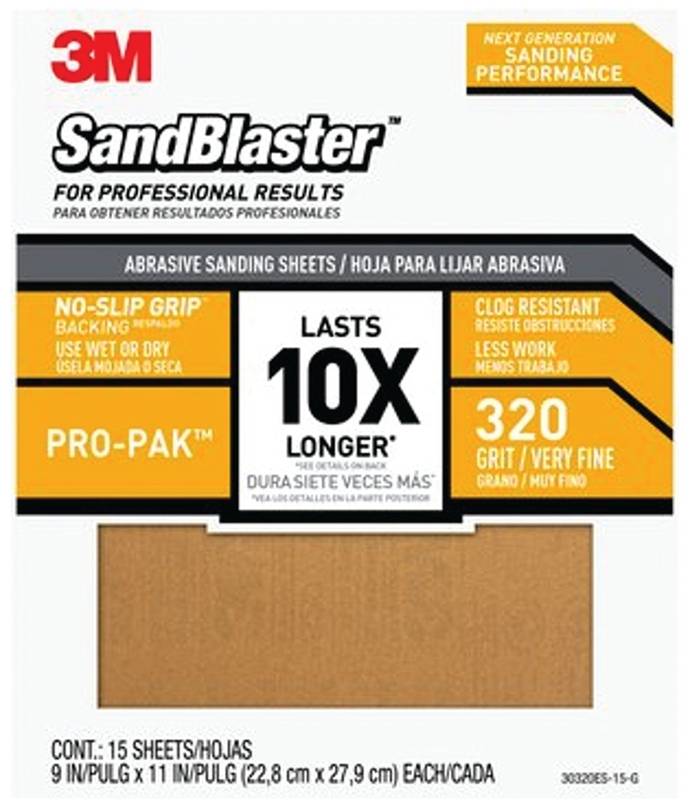 3M 3M SandBlaster Series 30320ES-15-G Wet/Dry Abrasive Sandpaper, 11 in L, 9 in W, 320 Grit, Very Fine PAINT 3M