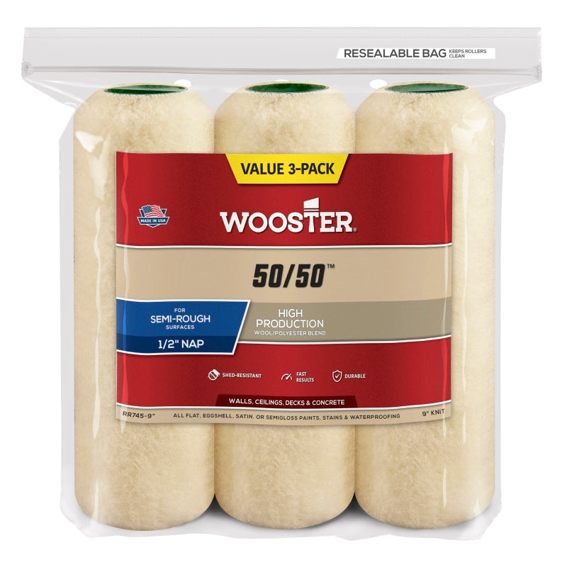 WOOSTER BRUSH Wooster RR745-9 Roller Cover, 1/2 in Thick Nap, 9 in L, Lambswool/Polyester Cover, Cream PAINT WOOSTER BRUSH   