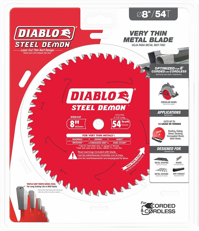 DIABLO Diablo Steel Demon D0854F Saw Blade, 8 in Dia, 5/8 in Arbor, 54-Teeth, Carbide Cutting Edge TOOLS DIABLO