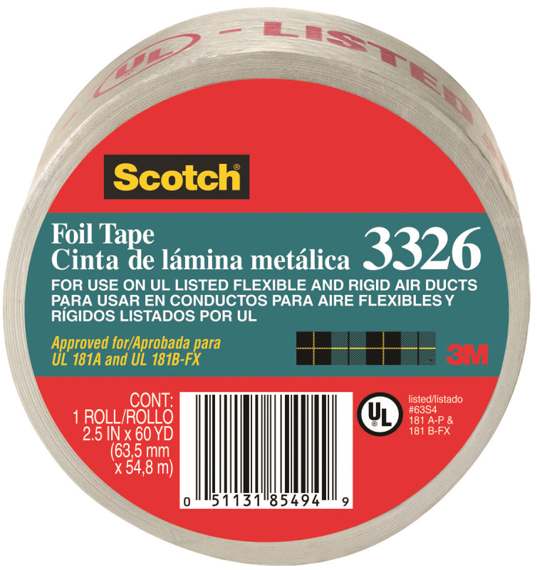 3M Scotch 3326-A Foil Tape, 60 yd L, 2-1/2 in W, Aluminum Backing, Silver