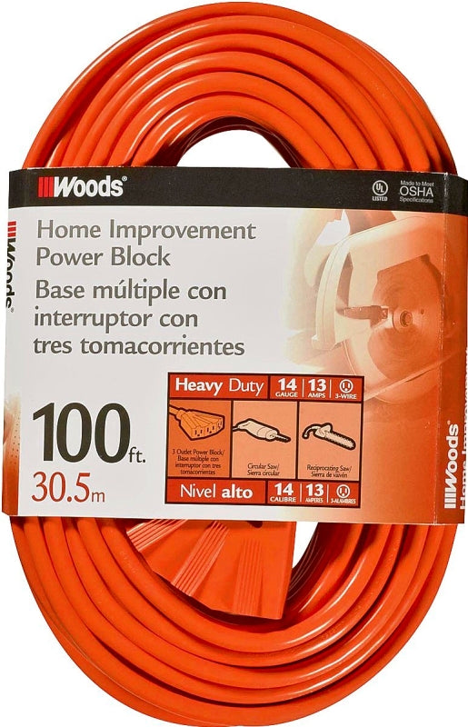 WOODS Woods 0827 Extension Cord, 14 AWG Cable, 100 ft L, 13 A, 125 V, Orange ELECTRICAL WOODS