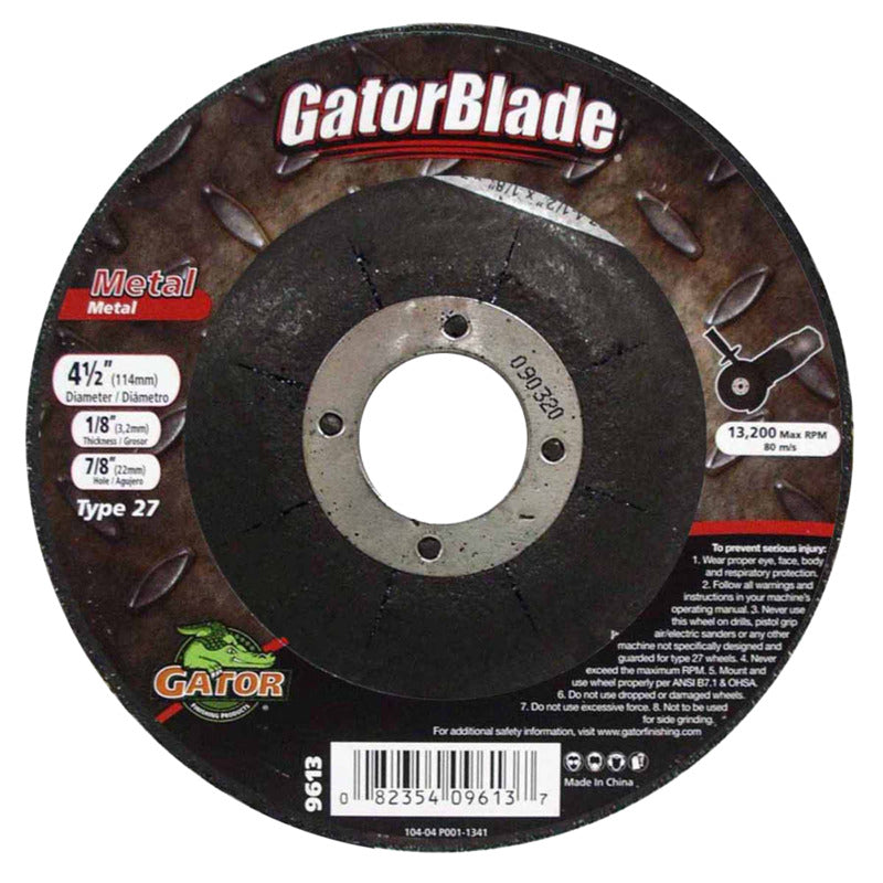 GATOR Gator 9613 Grinding Wheel, 4-1/2 in Dia, 1/8 in Thick, 7/8 in Arbor, A24R Grit TOOLS GATOR