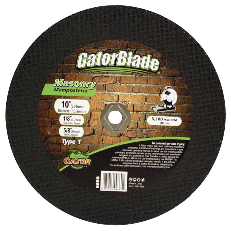 GATOR Gator 9660 Cut-Off Wheel, 10 in Dia, 3/32 in Thick, Aluminum Oxide Abrasive, 5/8 in Arbor TOOLS GATOR