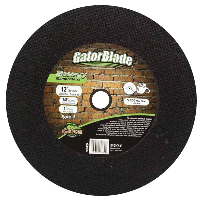 GATOR GatorBlade 9670 Cut-Off Wheel, 12 in Dia, 1 in Arbor, 1/8 in Thick TOOLS GATOR