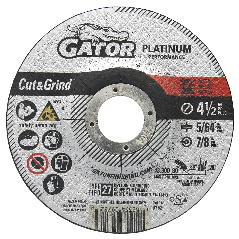 GATOR Gator 9752 Cut-Off Wheel, 4-1/2 in Dia, 5/64 in Thick, Aluminum Oxide Abrasive, 7/8 in Arbor TOOLS GATOR
