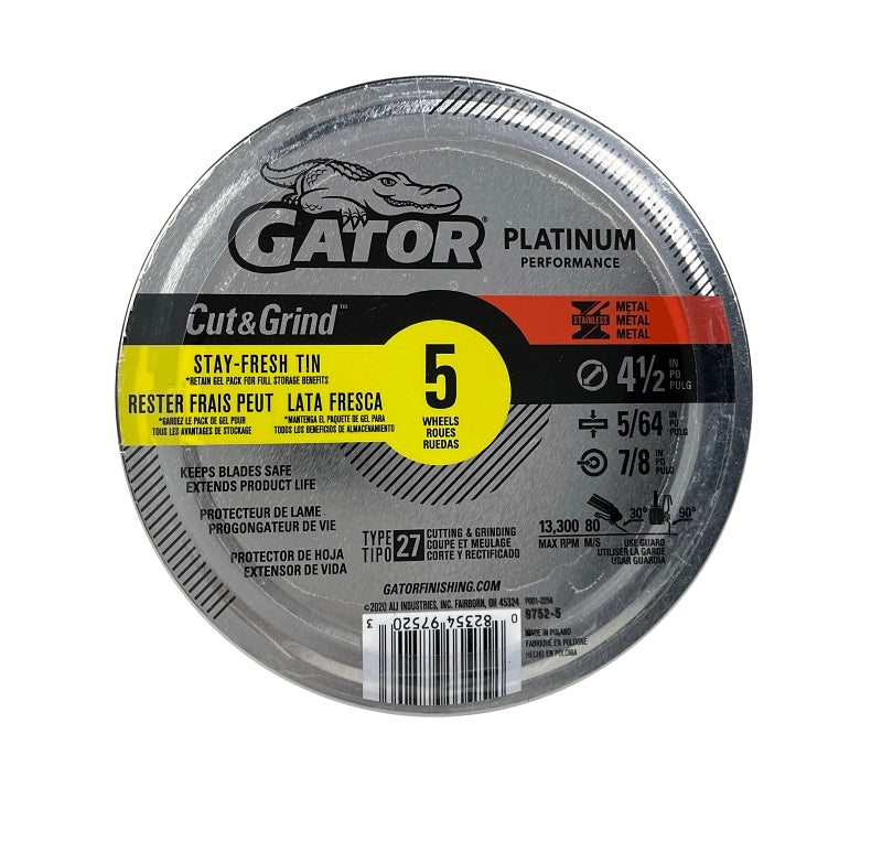 GATOR Gator 97525 Cut-Off Wheel, 4-1/2 in Dia, 5/64 in Thick, 7/8 in Arbor, Aluminum Oxide Abrasive TOOLS GATOR