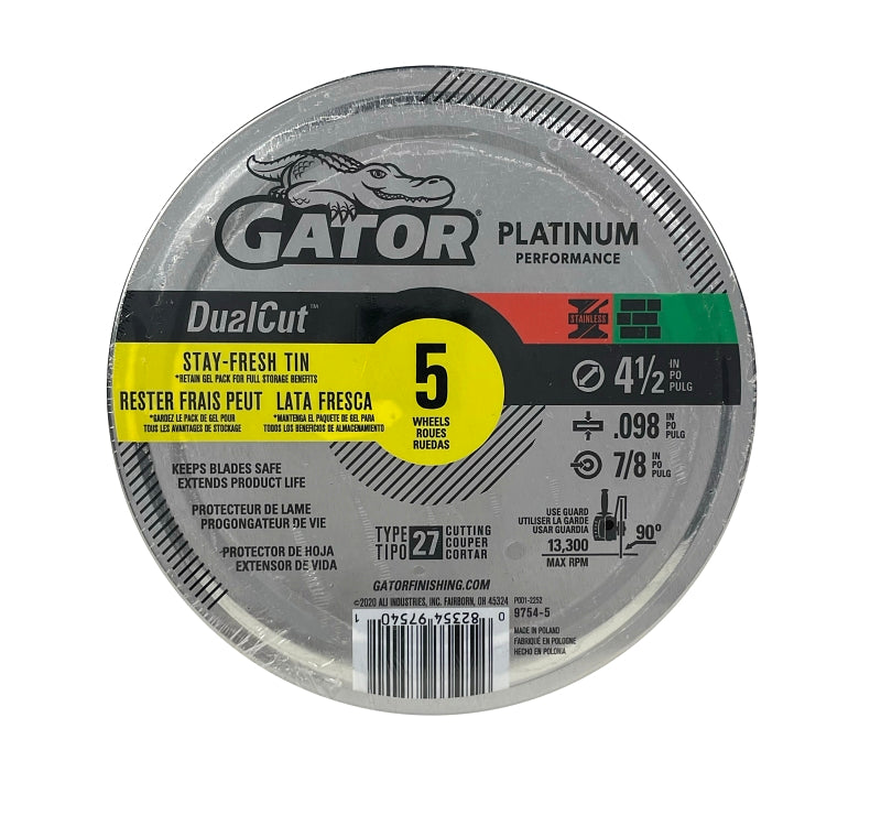 GATOR Gator 97545 Cut-Off Wheel, 4-1/2 in Dia, 0.098 in Thick, 7/8 in Arbor, Aluminum Oxide Abrasive TOOLS GATOR