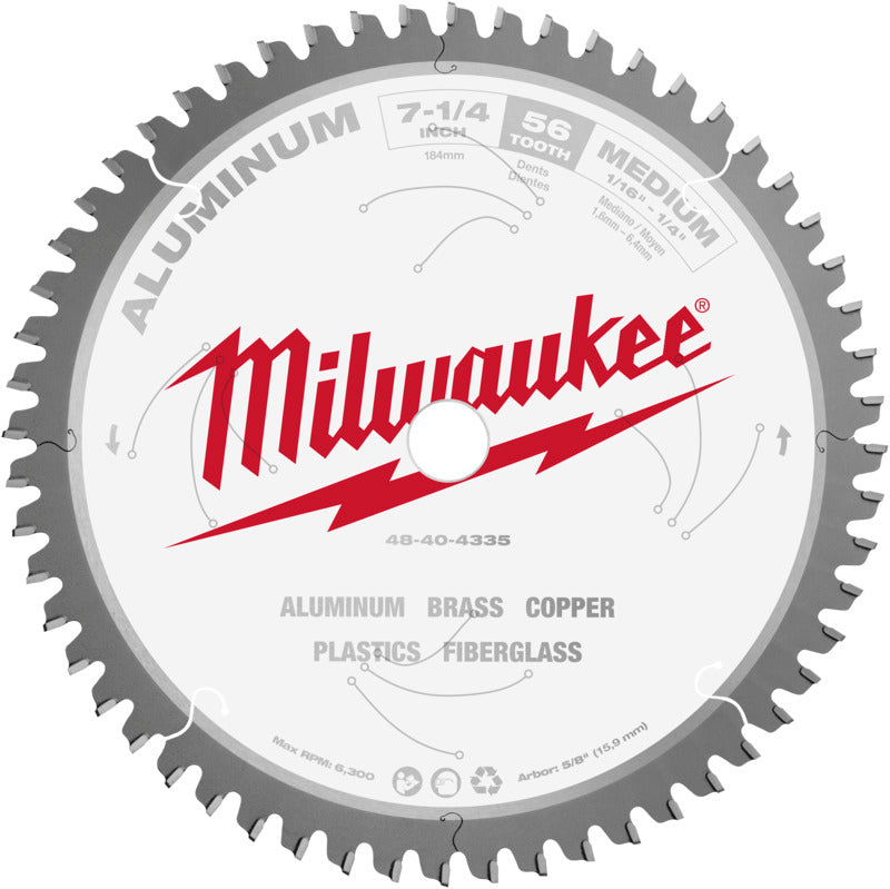 MILWAUKEE Milwaukee 48-40-4335 Circular Saw Blade, 7-1/4 in Dia, 5/8 in Arbor, 56-Teeth, Carbide Cutting Edge TOOLS MILWAUKEE