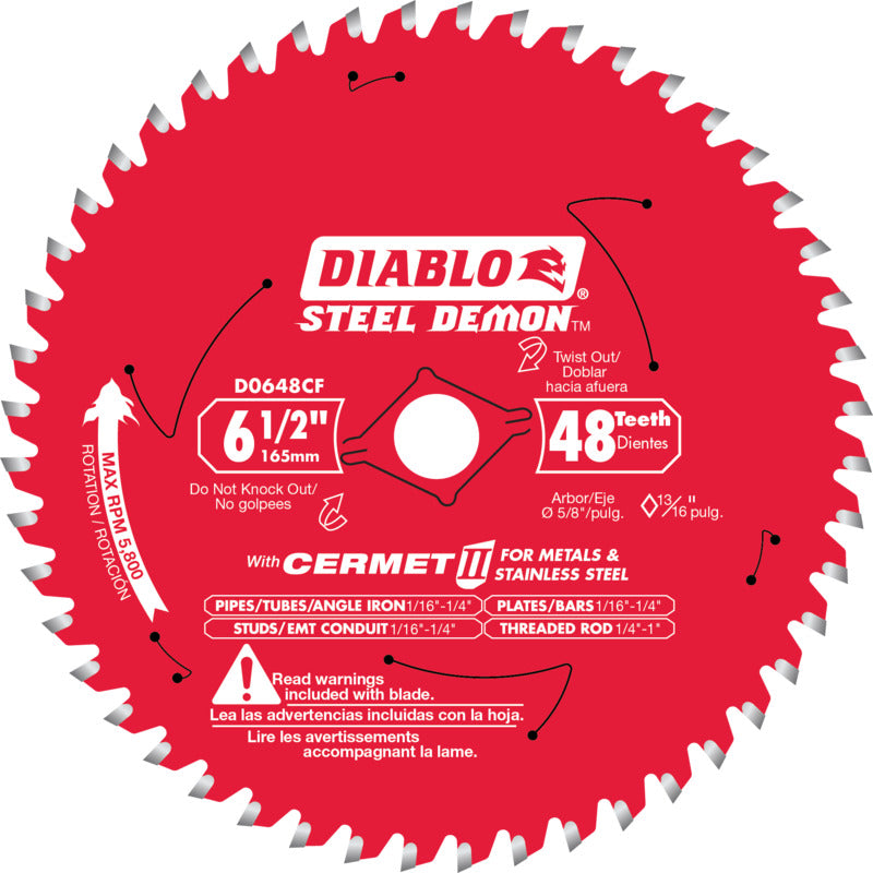 DIABLO Diablo D0648CFX Saw Blade, 6-1/2 in Dia, 5/8 in Arbor, 48-Teeth, Cermet Cutting Edge TOOLS DIABLO