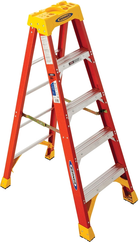 WERNER WERNER 6205 Step Ladder, 9 ft Max Reach H, 4-Step, 300 lb, Type IA Duty Rating, 3 in D Step, Fiberglass, Yellow PAINT WERNER   