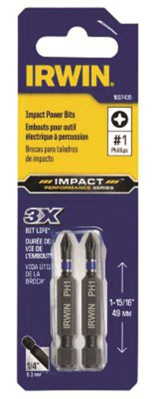 IRWIN Irwin 1837435 Power Bit, #1 Drive, Phillips Drive, 1/4 in Shank, Hex Shank, 2 in L, High-Grade S2 Tool Steel, 2/PK TOOLS IRWIN