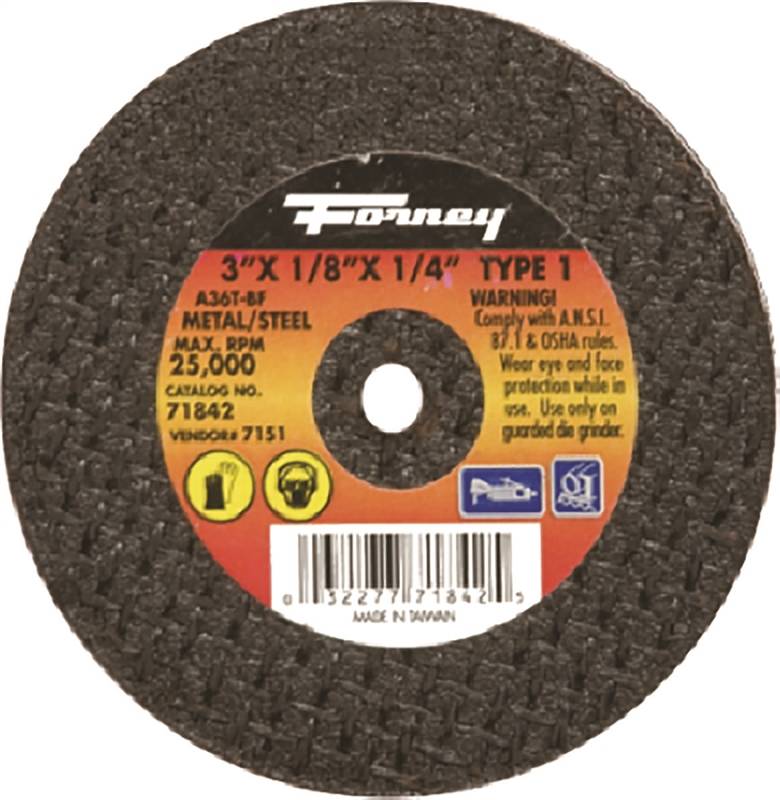 FORNEY Forney 71842 Cut-Off Wheel, 3 in Dia, 1/8 in Thick, 1/4 in Arbor, 36 Grit, Medium, Aluminum Oxide Abrasive TOOLS FORNEY