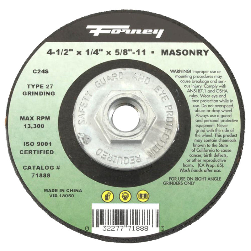 FORNEY Forney 71888 Grinding Wheel, 4-1/2 in Dia, 1/4 in Thick, 5/8-11 Arbor, C24S-BF Grit, Silicon Carbide Abrasive TOOLS FORNEY