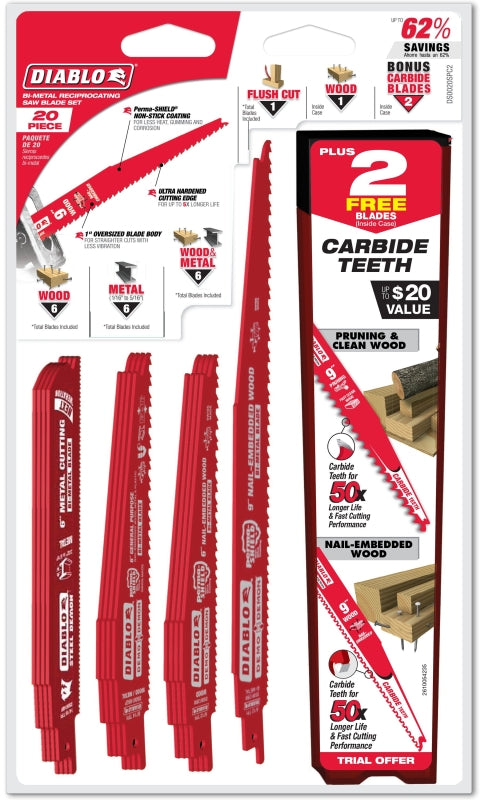 DIABLO Diablo DS0020SPC2 Reciprocating Saw Blade Set, 20-Piece, Bi-Metal, Red TOOLS DIABLO