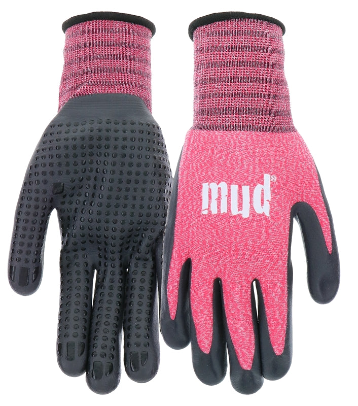 MUD Mud MD31011W-WXS Gloves, Women's, XS, 9 in L, Knit Wrist, Seamless Cuff, Nitrile Coating, Nylon Glove, Pink/Watermelon
